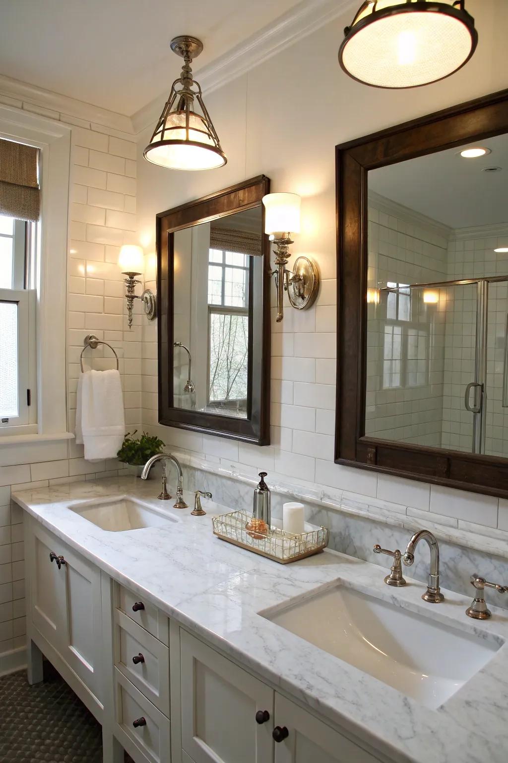 Chic sconces and pendant lights exquisitely illuminate the double sinks.