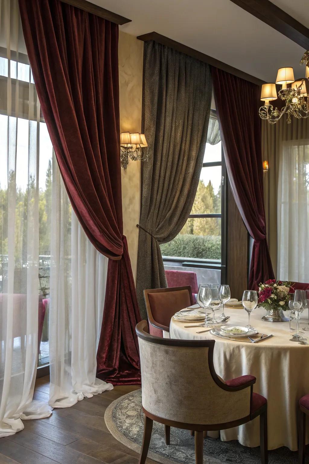Tiered draperies in velvet and sheers enriching the depth of a dining area.