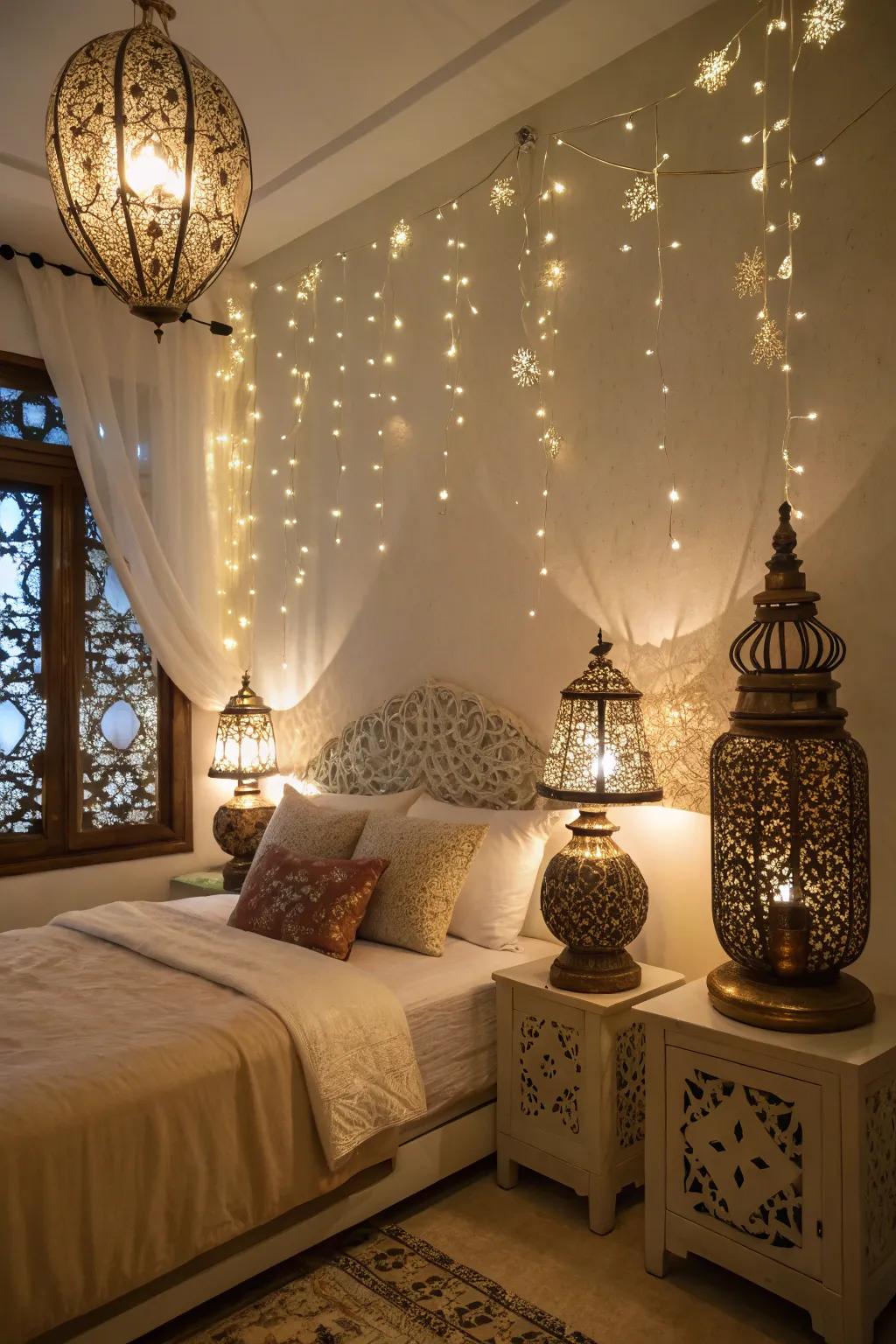 Distinctive illumination infuses warmth and charm into the bedroom.