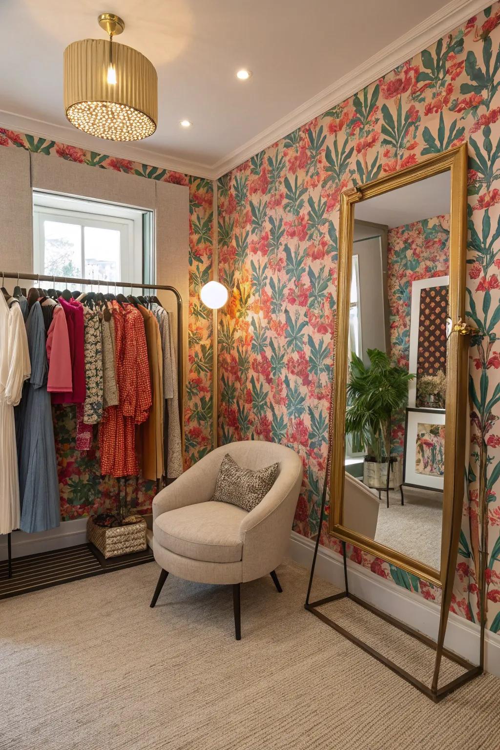Striking wallpapers add character and charm to the space.