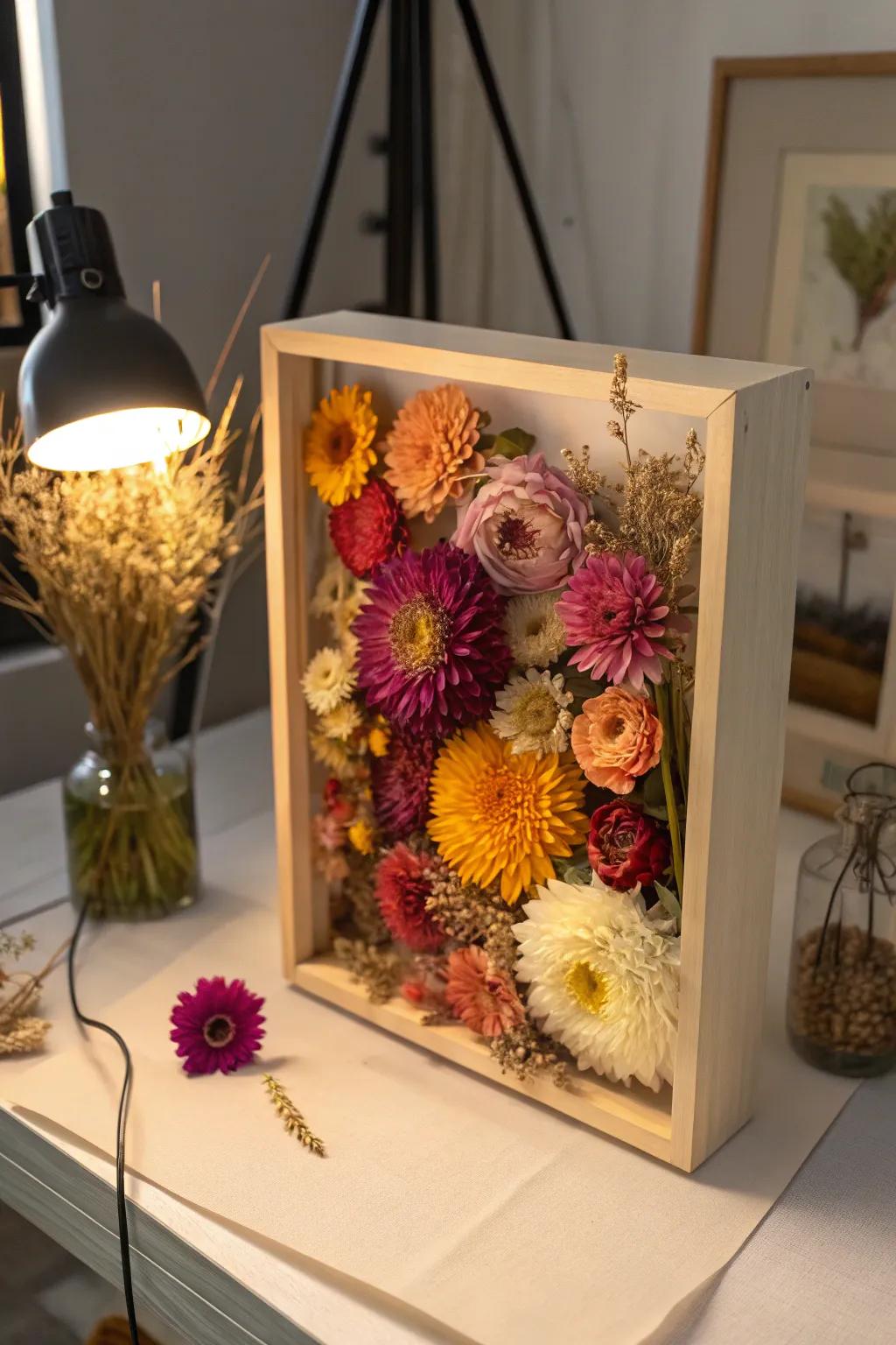 Invite nature's shades into your abode through a vibrant dried flower display.