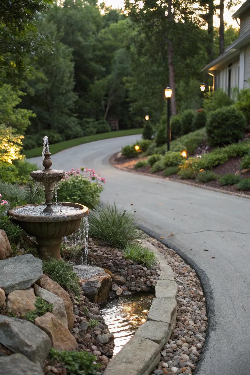 A water symphony adds tranquility to this driveway.