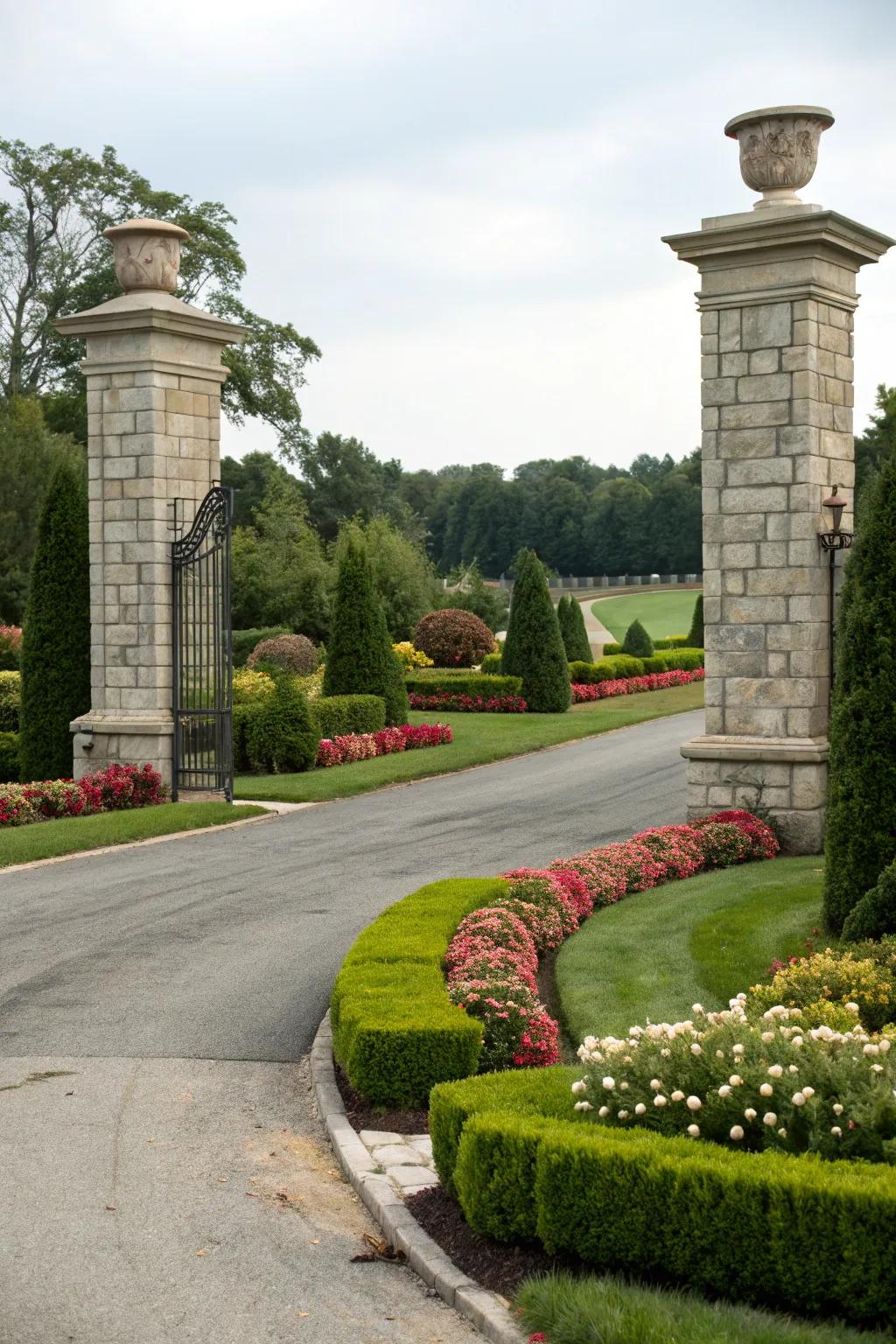 Grand rock columns add a majestic feel to the driveway entrance.