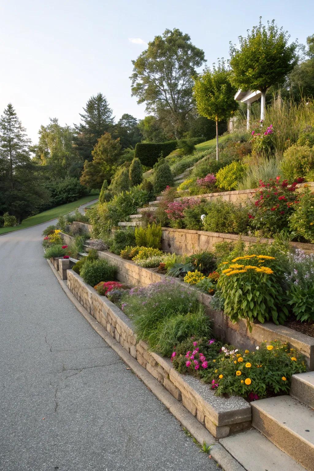 Elevated planting layers character and captivation to your driveway scenery.