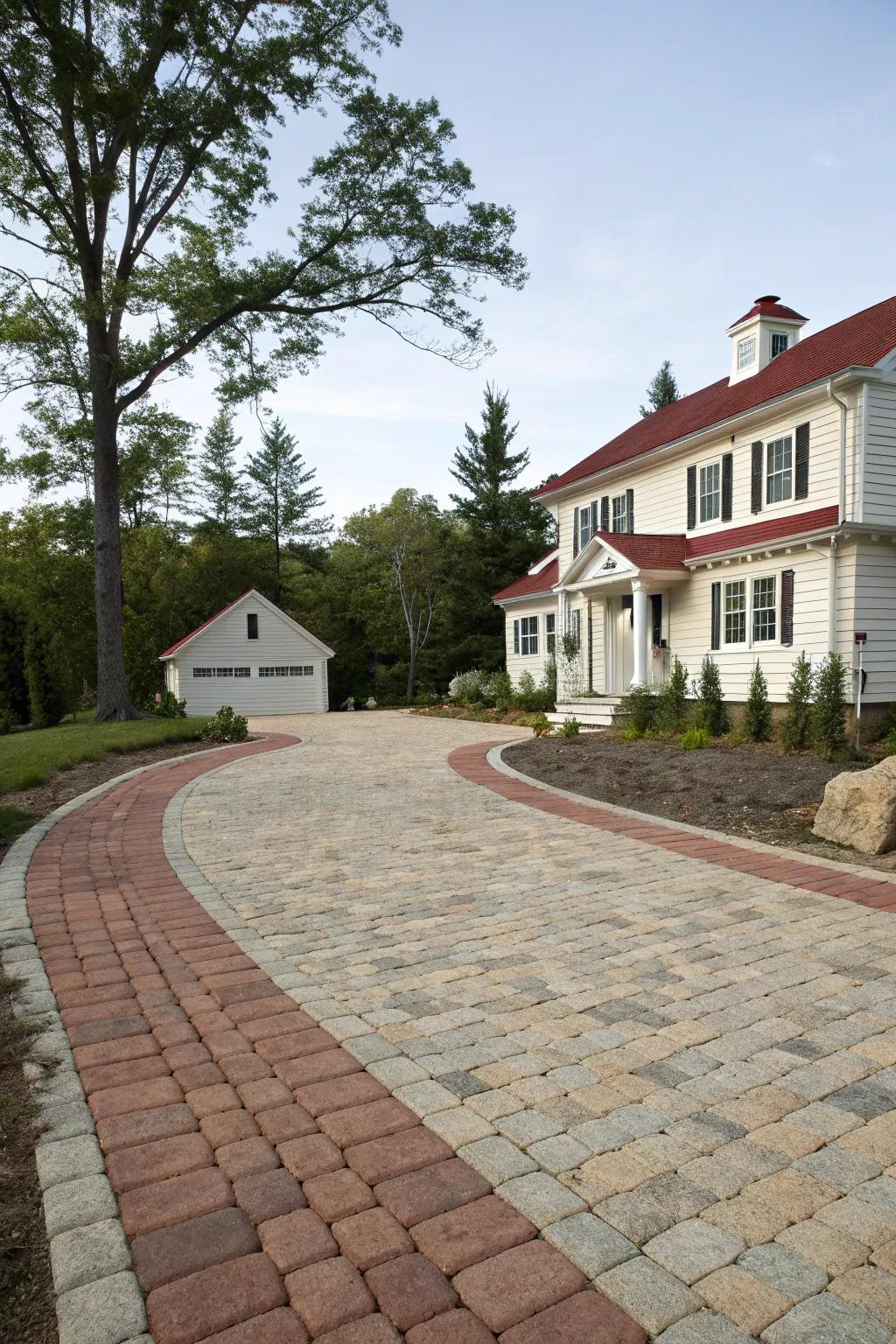 A vibrant driveway featuring a mix of natural stone and manufactured brick blocks for added texture.
