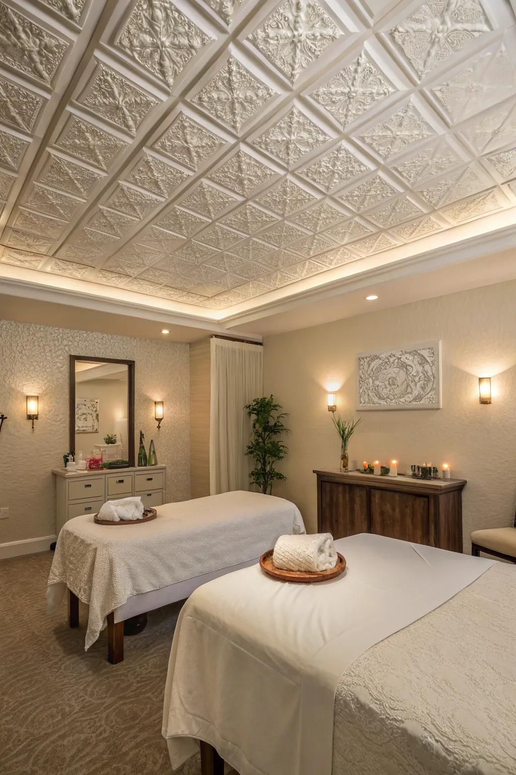 Cultivate a tranquil area using earthy textured ceiling boards.