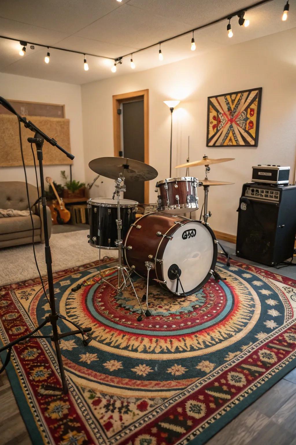 Rugs contribute both aesthetically and acoustically in a drum room.