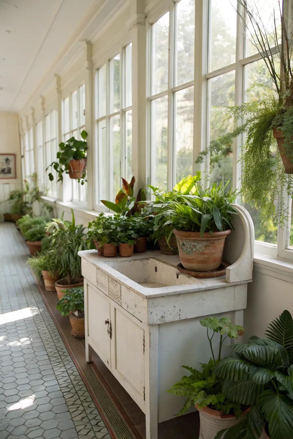 A water closet table turned into a lively plant display.