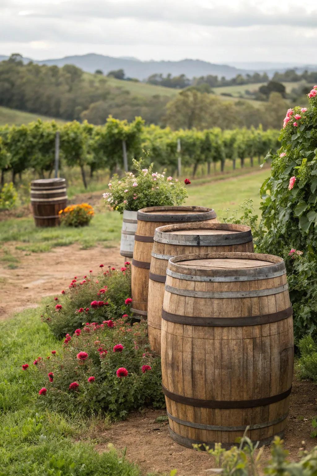 Timeless barrels impart a rustic charm to refuse container coverings.