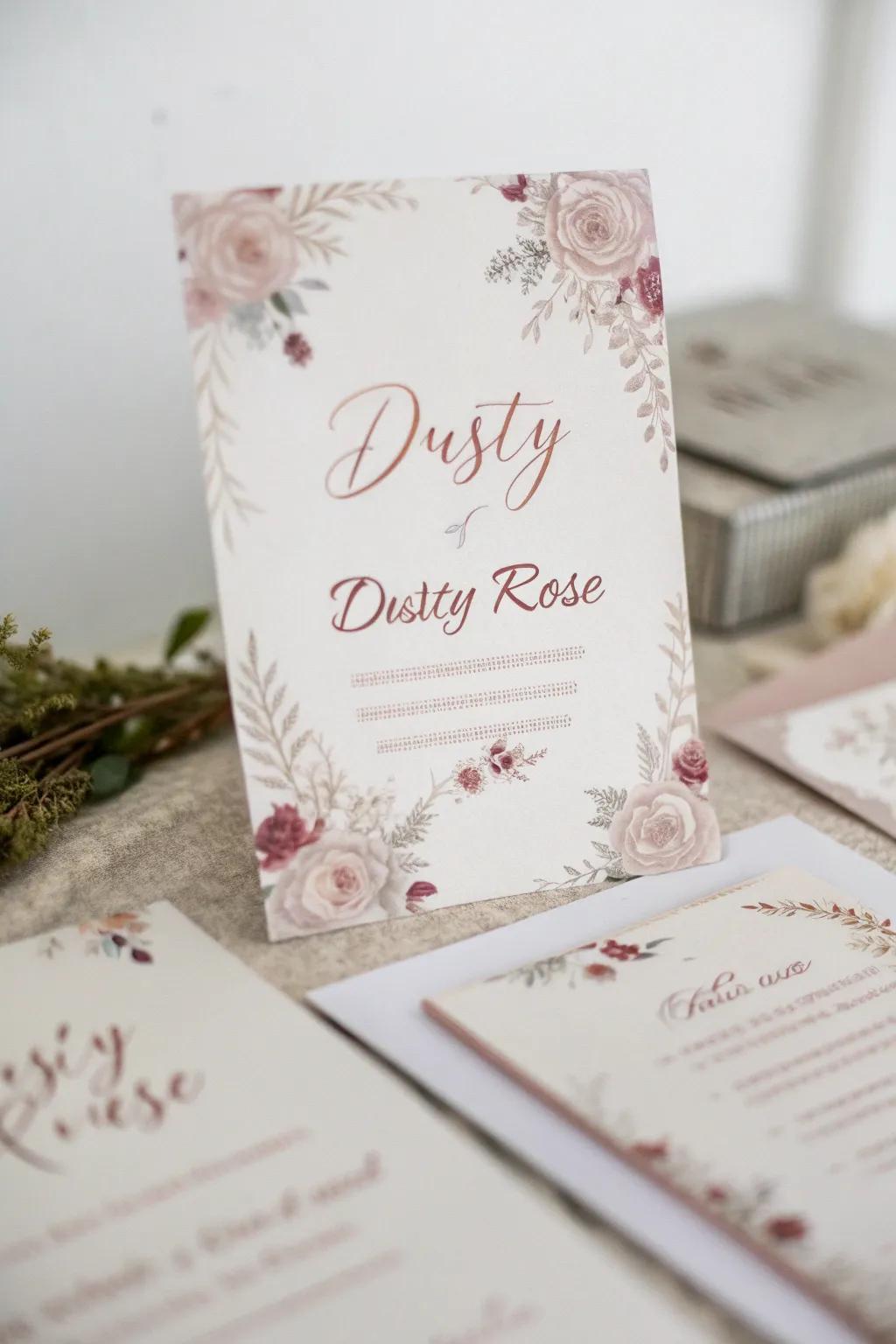 Sophisticated wedding stationery enhanced with antique rose accents.