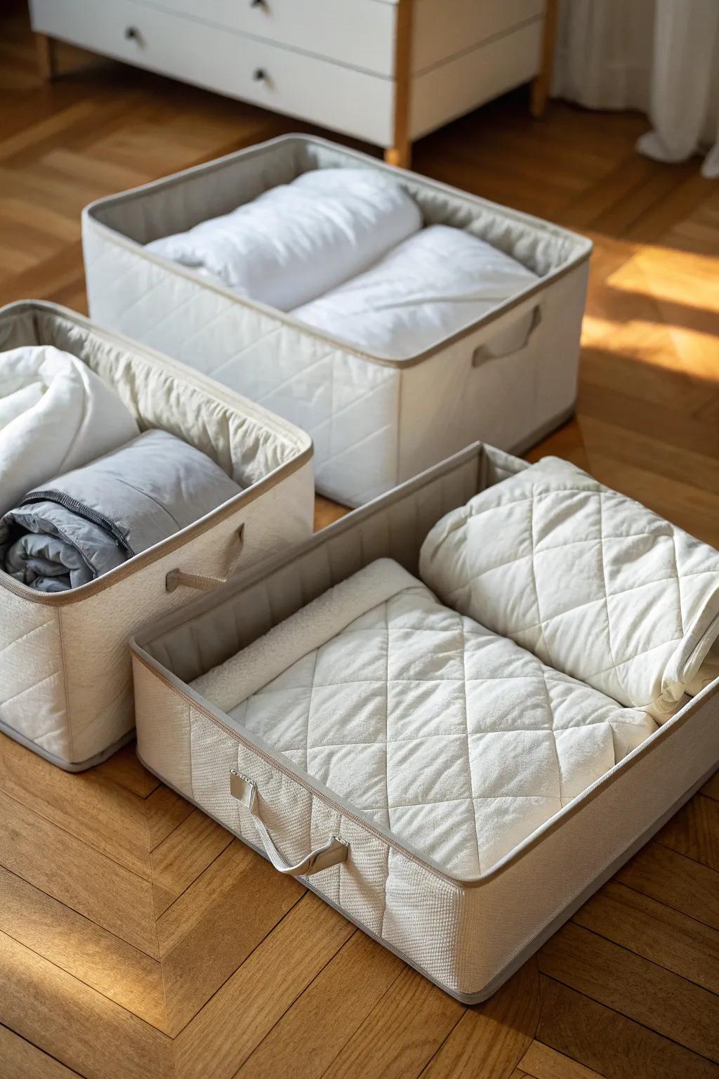 Under-bed storage boxes are ideal for keeping duvets concealed yet handy.