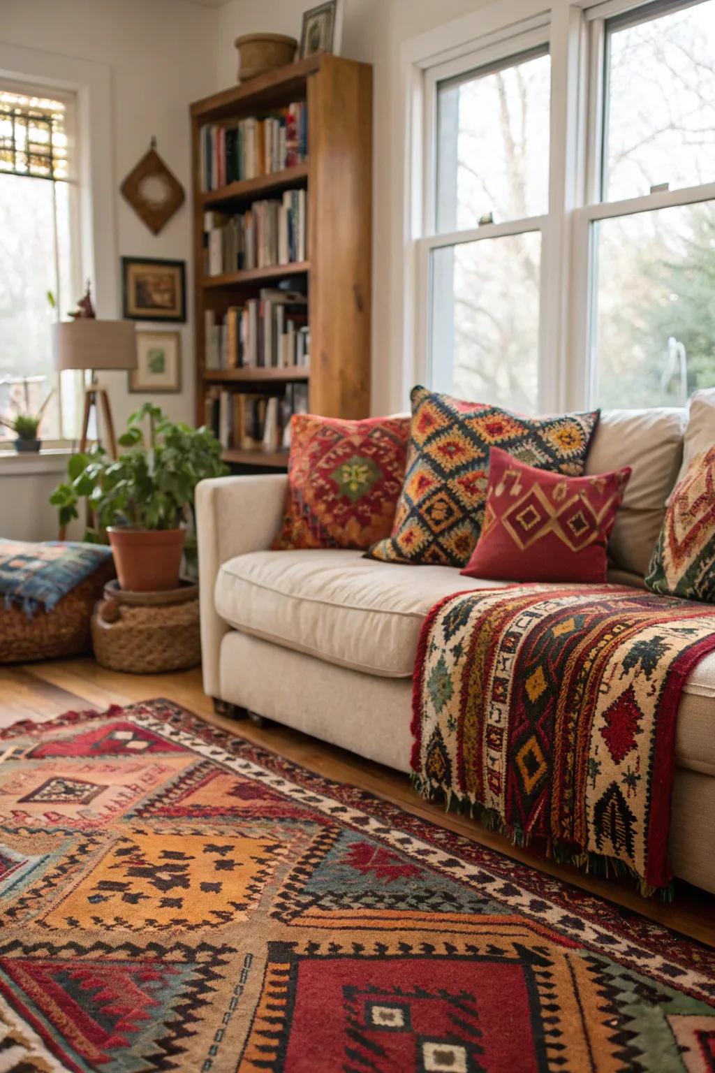 Living room showcasing ethnic patterns for a bohemian feel.