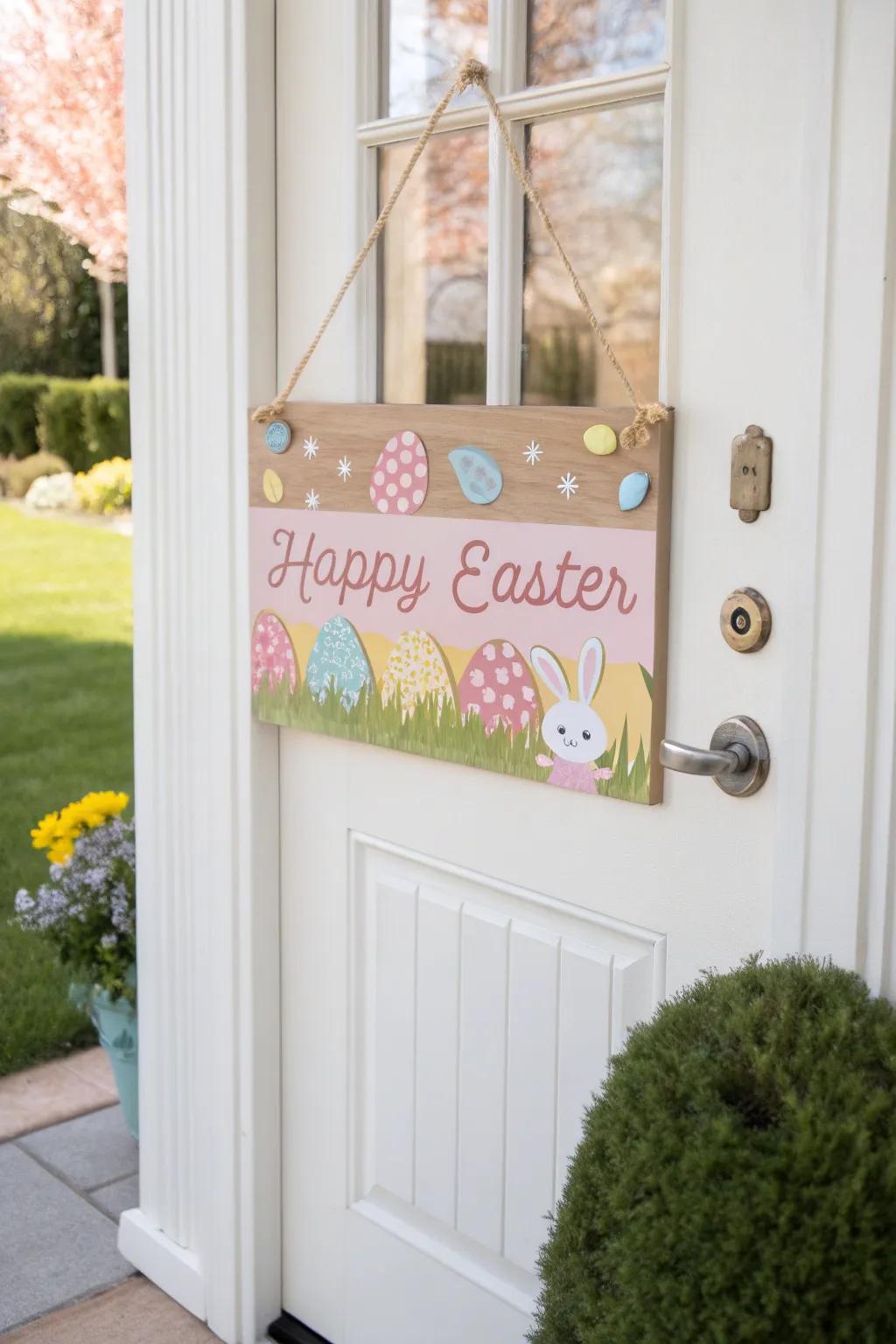 A timber board with a cheerful Easter note extends a warm welcome to visitors.