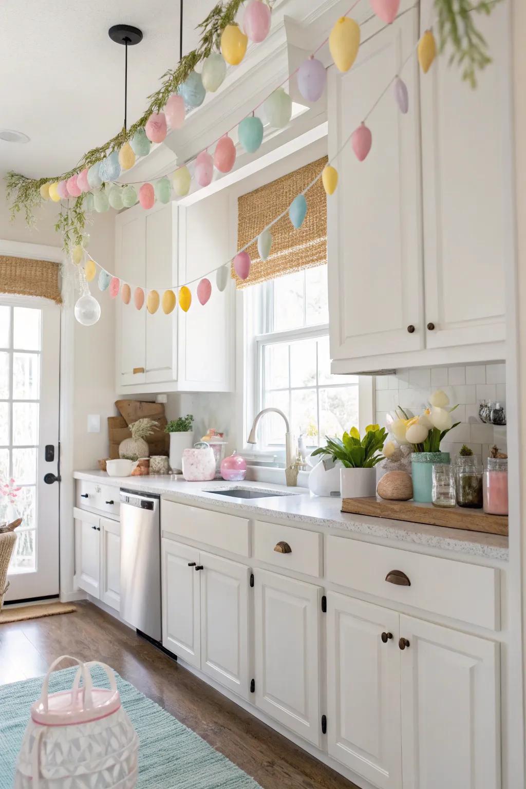 Soft tone festoons impart a celebratory highlight above the cooking cabinets.