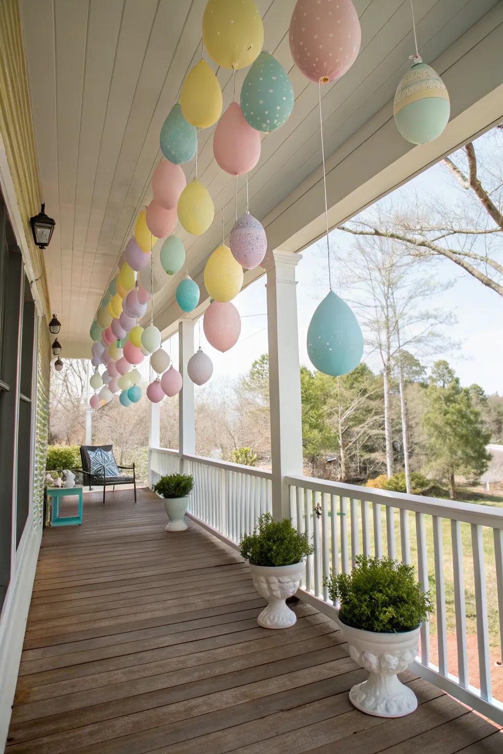 Dangling egg decorations add a playful charm to your porch.