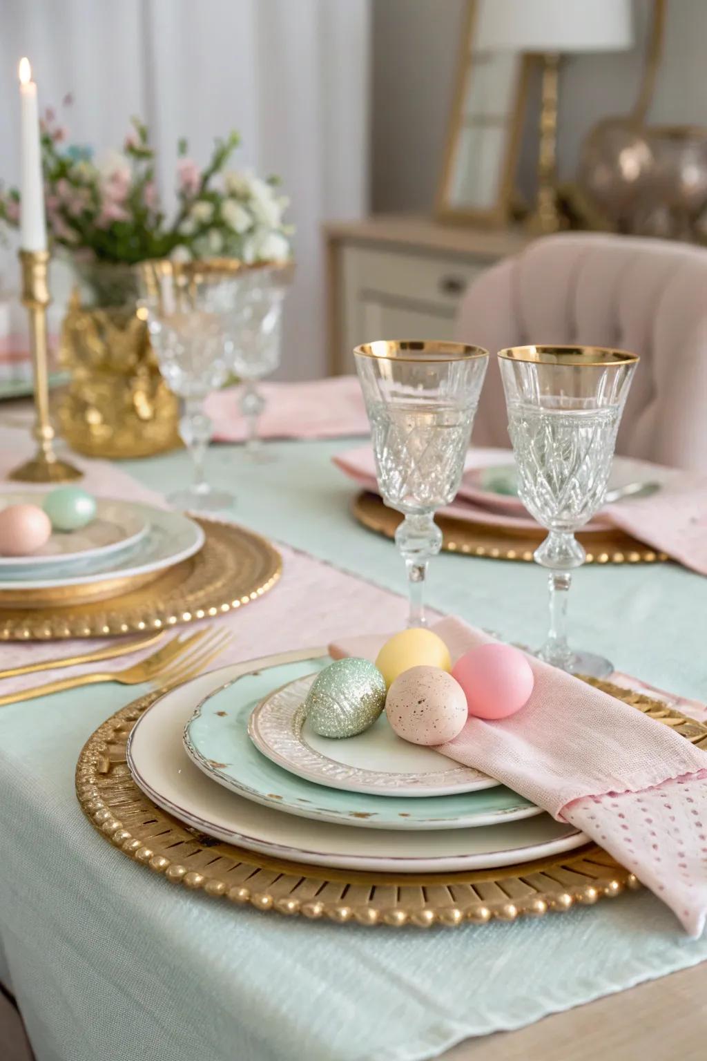 Sophisticated tableware detailed with metallic hints introduces refinement to the Easter table.