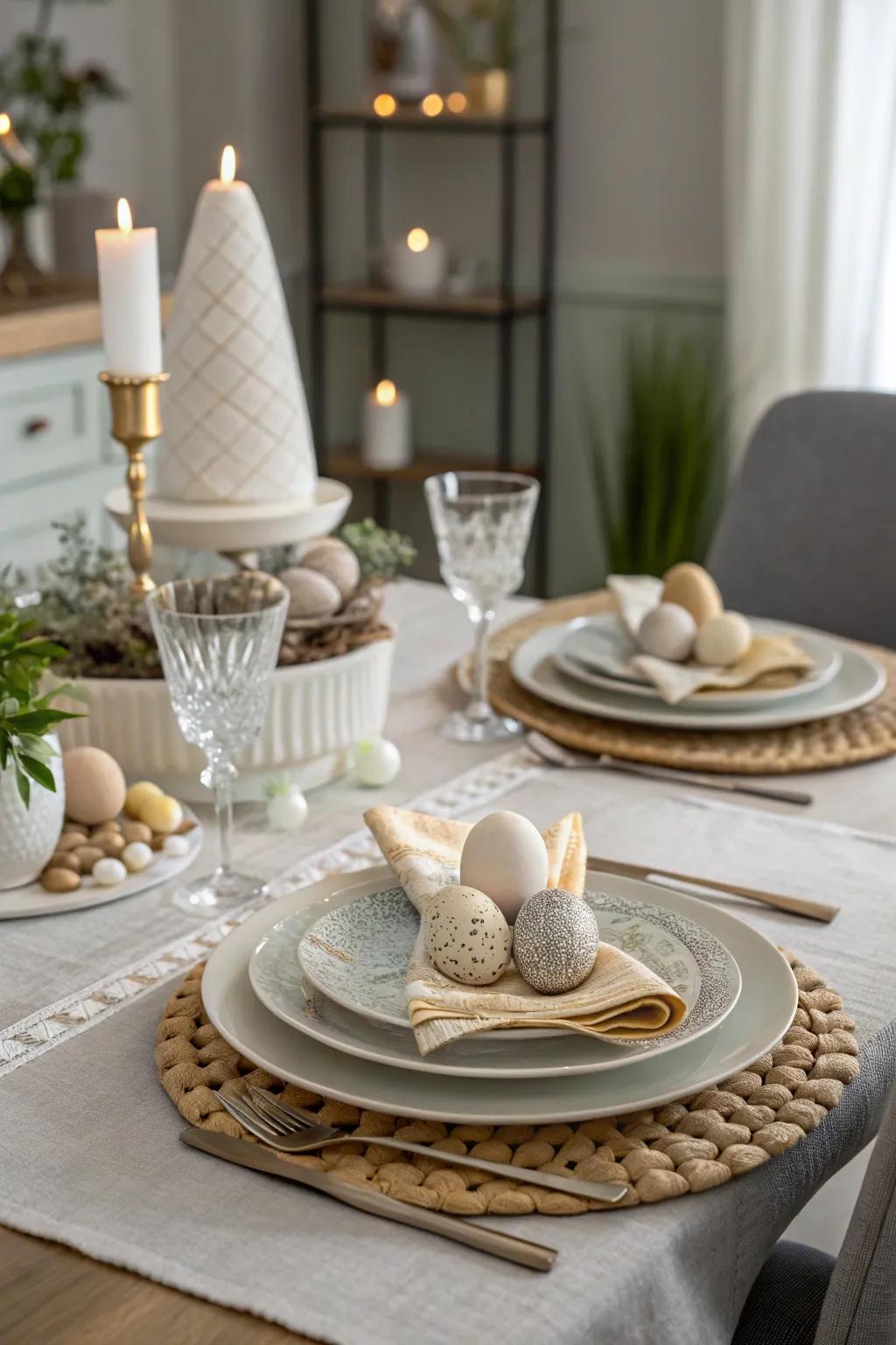 Layered plates paired with textured cloths enhance sophistication.