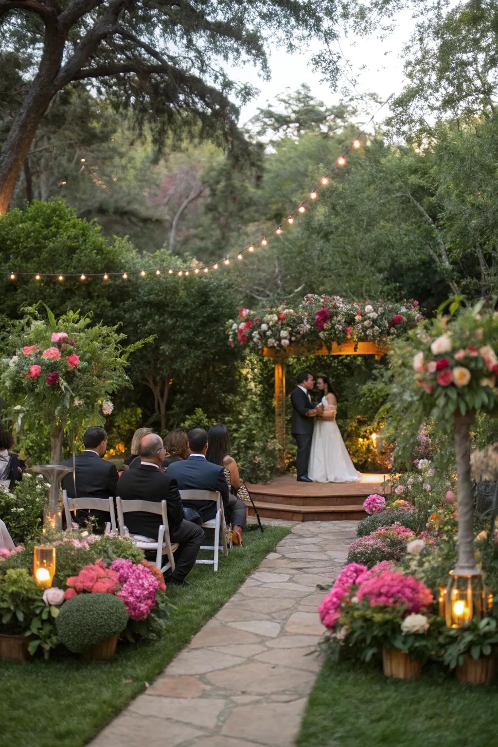 An open-air garden wedding exhibiting verdant natural elements and floral ornamentation.