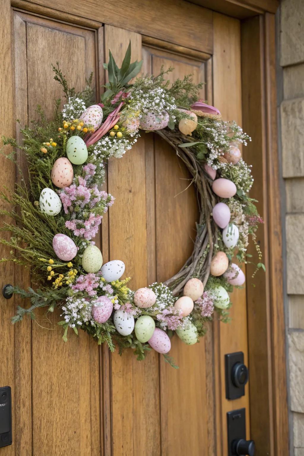 A polished Easter wreath featuring muted spheres and spring blooms, perfect for a refined touch.