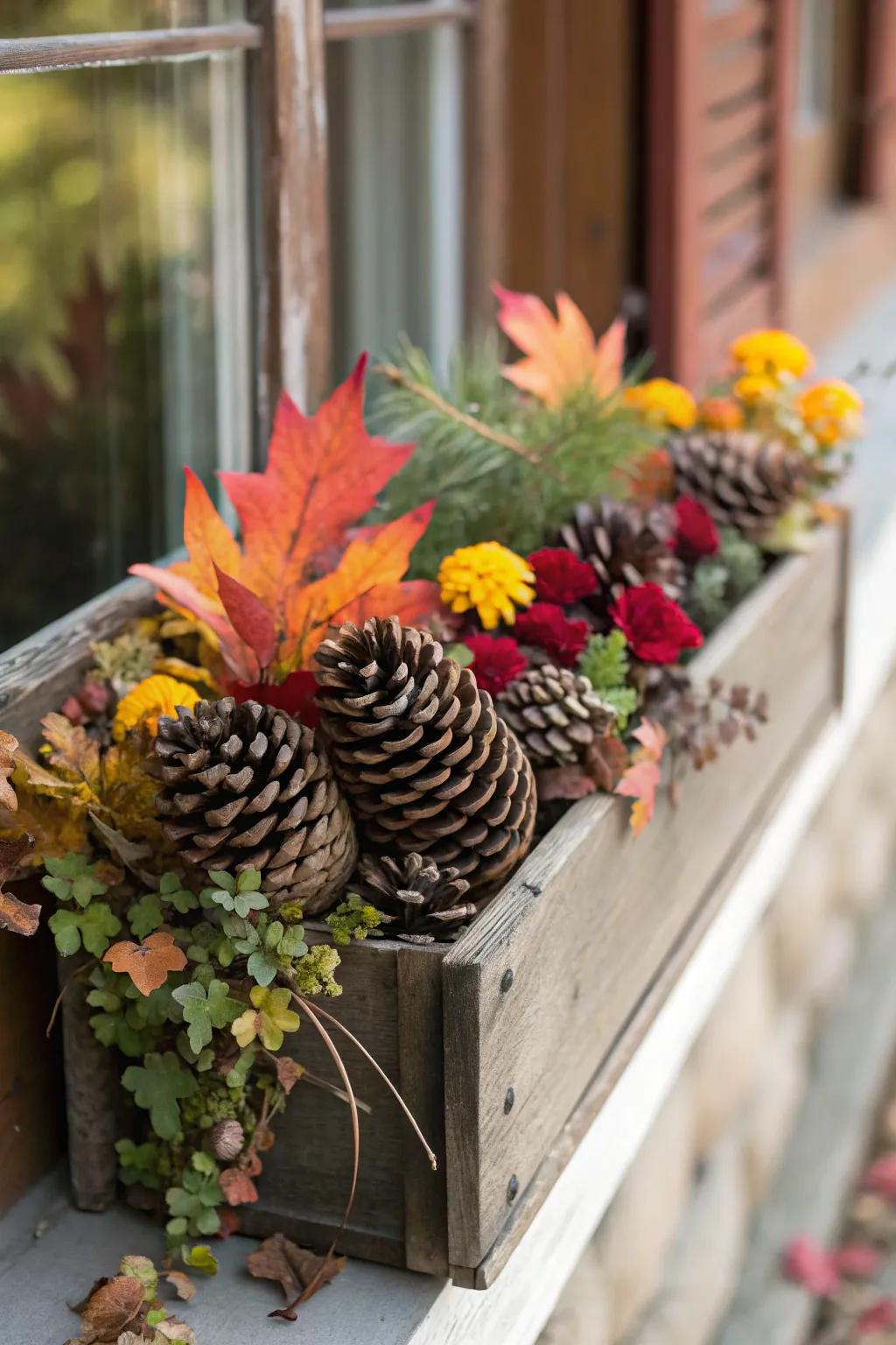 Fir cones impart countryside charm to fall setups.