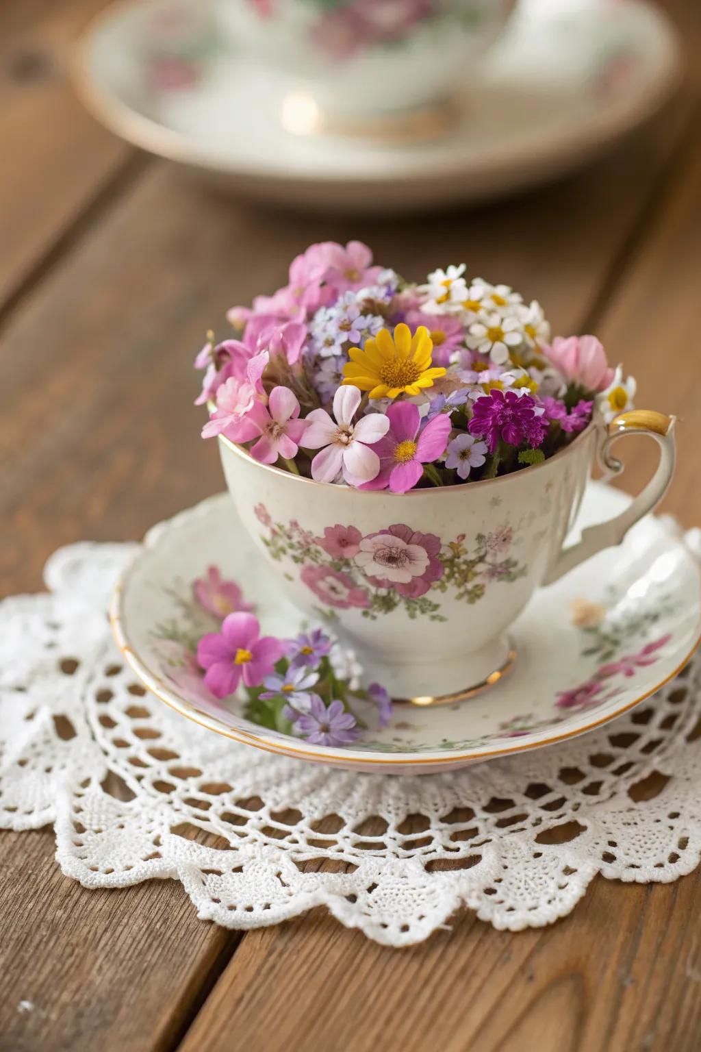 Adding character to flower exhibits with unique containers.