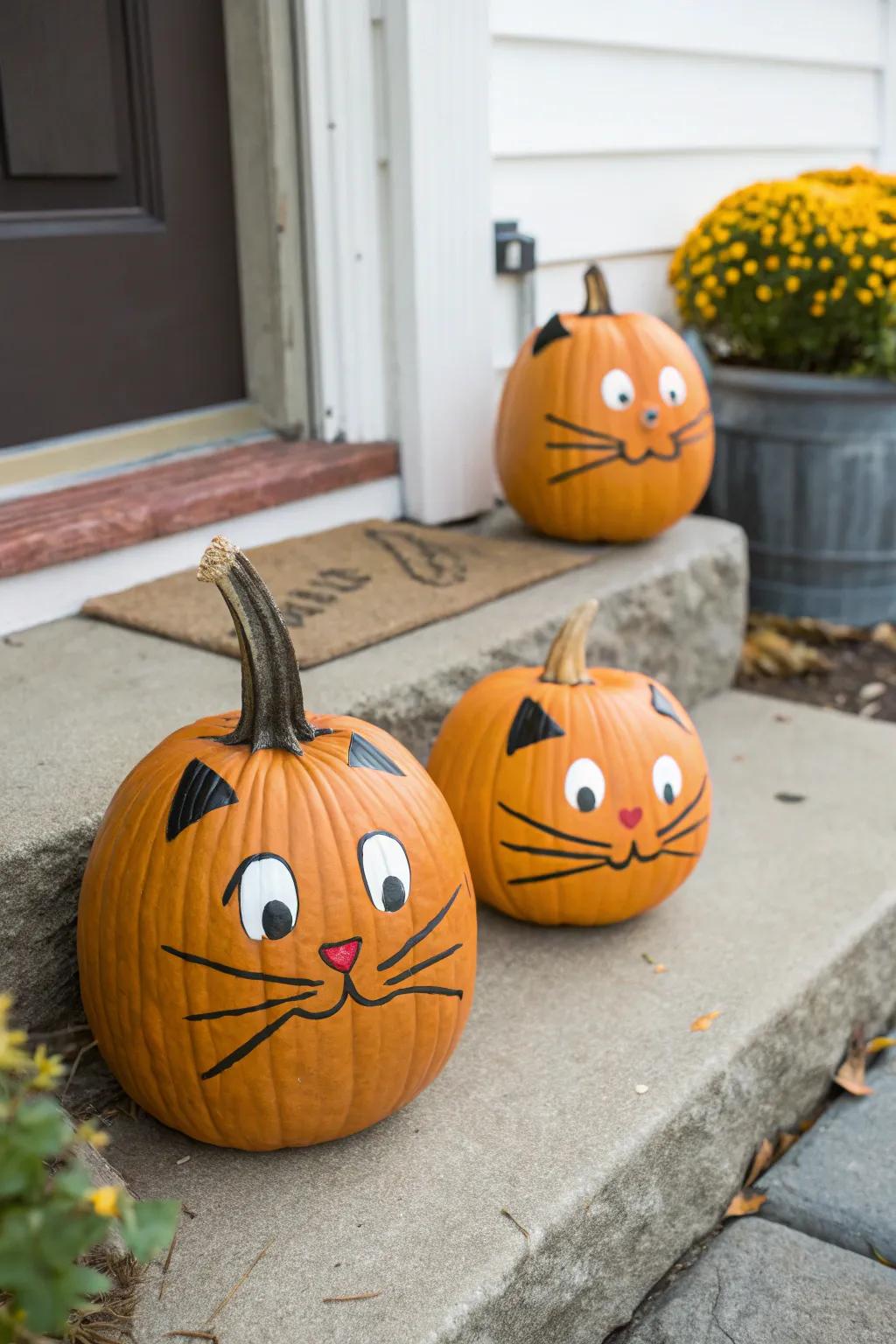 Delightful cat visages grant these pumpkins a playful demeanor, ideal for Halloween.