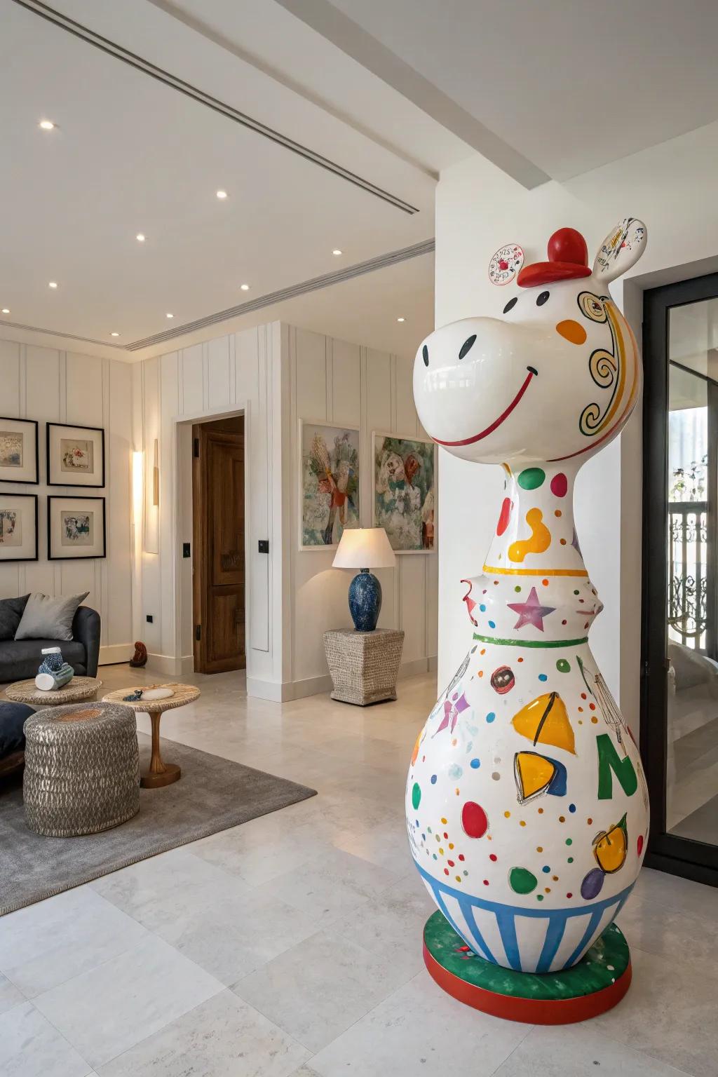 An oversized ceramic figure adding playfulness to the decor.