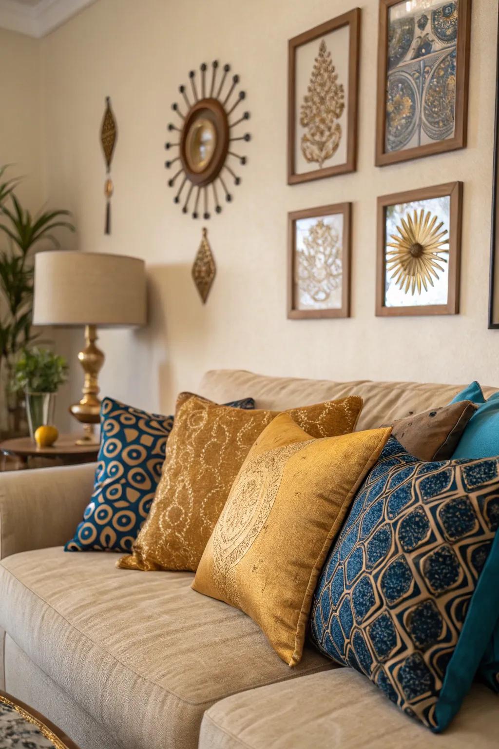 Enhance extravagance using golden and azure highlights.