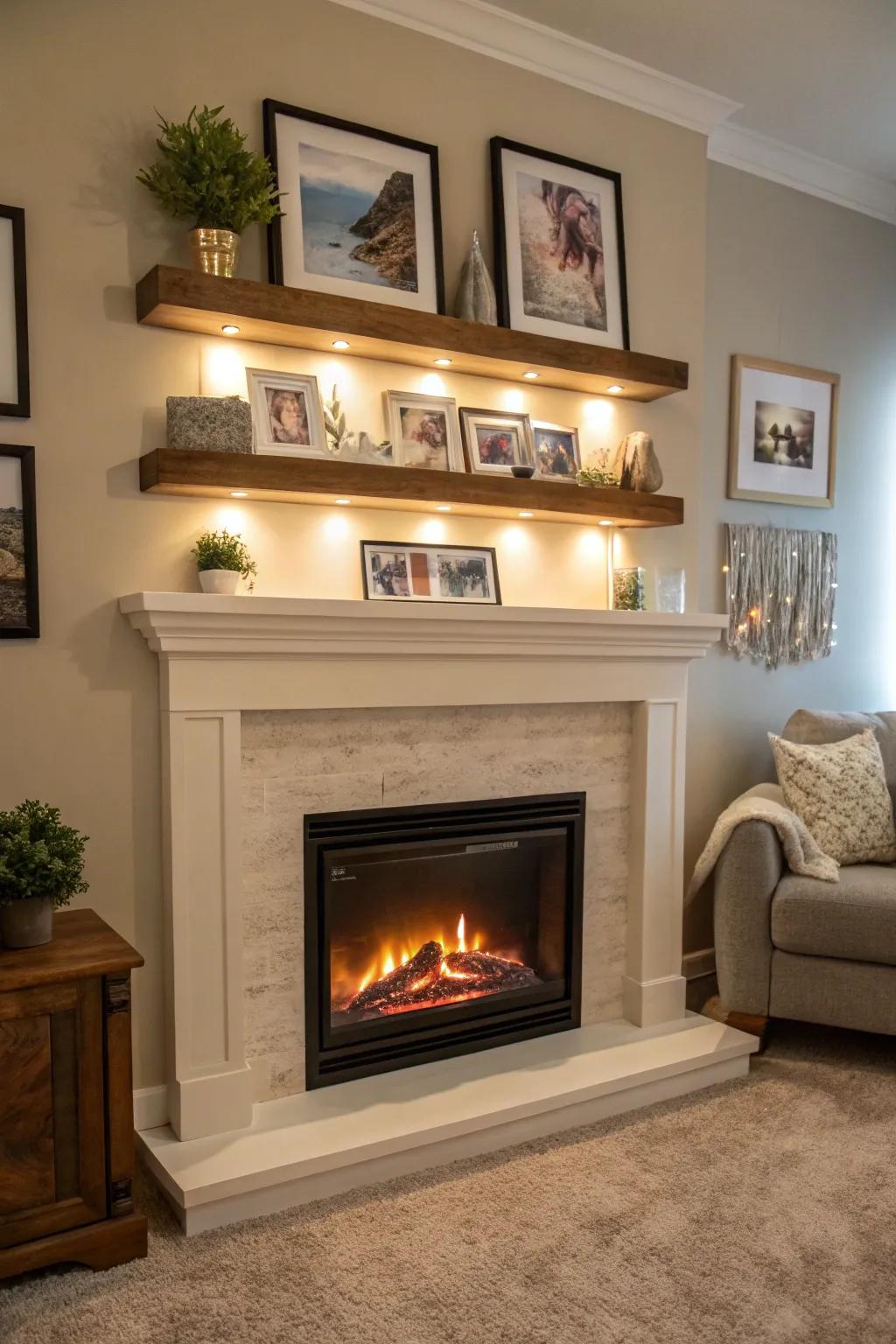 An electric fireplace with wall shelves above displays art and photos.