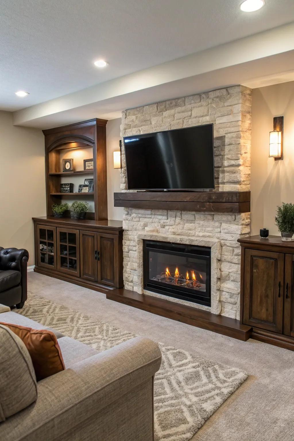 A combined TV and electric fireplace arrangement for a tidy living area.