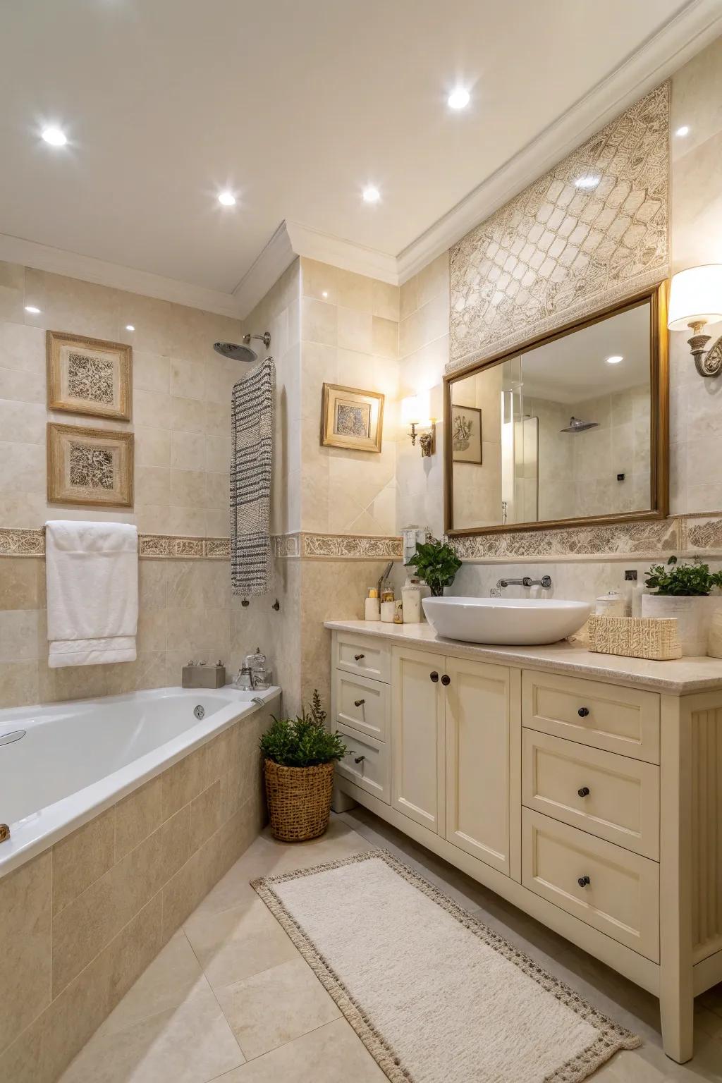 A soothing color story encourages serenity in this elegant bathroom.