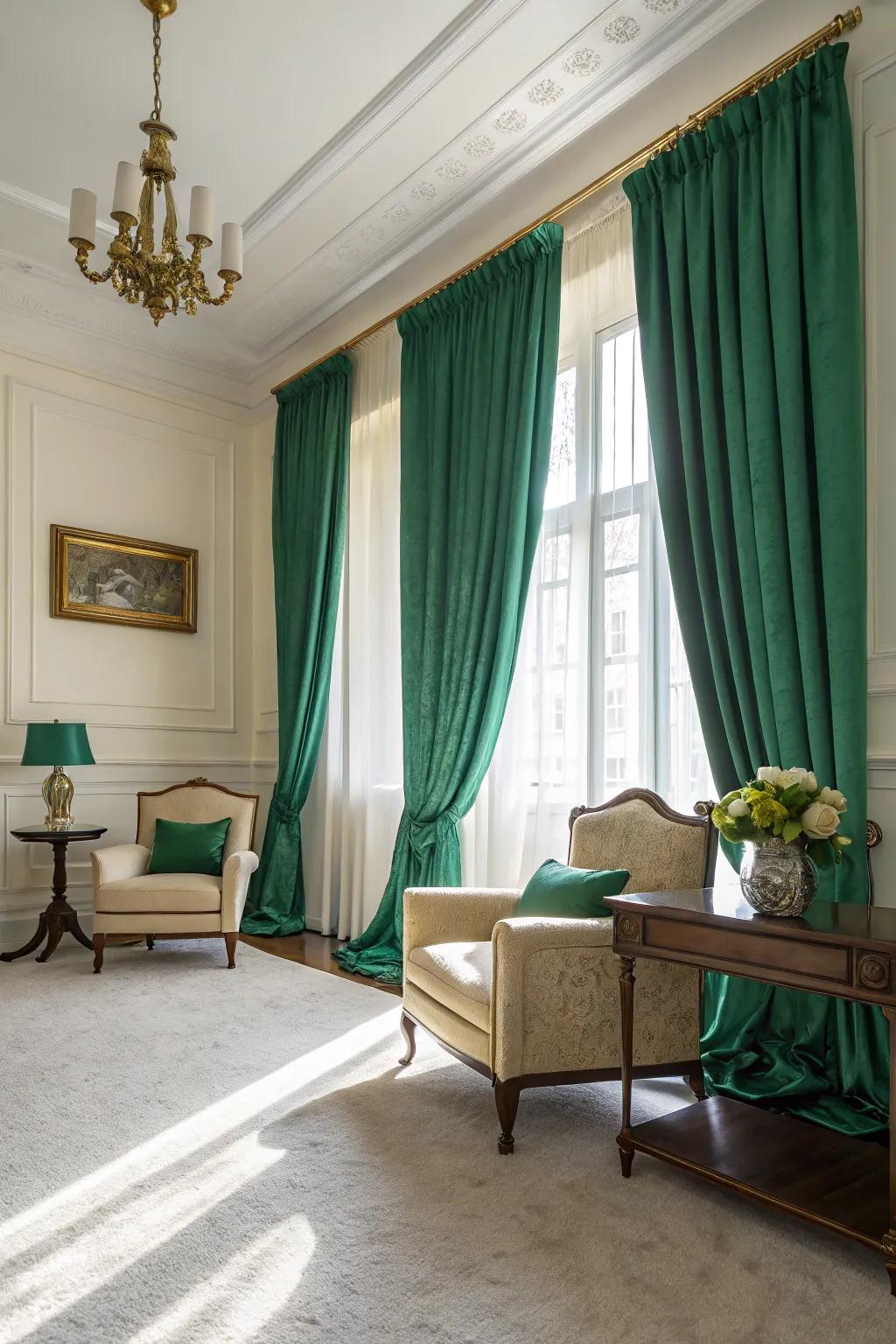 Emerald green curtains provide an unexpected color splash.