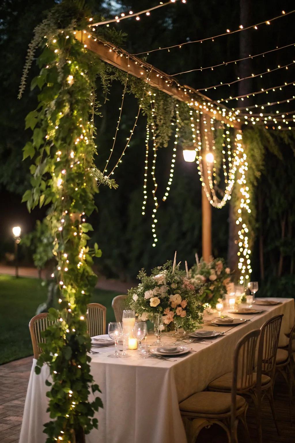 Twinkle lights impart a hint of magic to this arrangement.