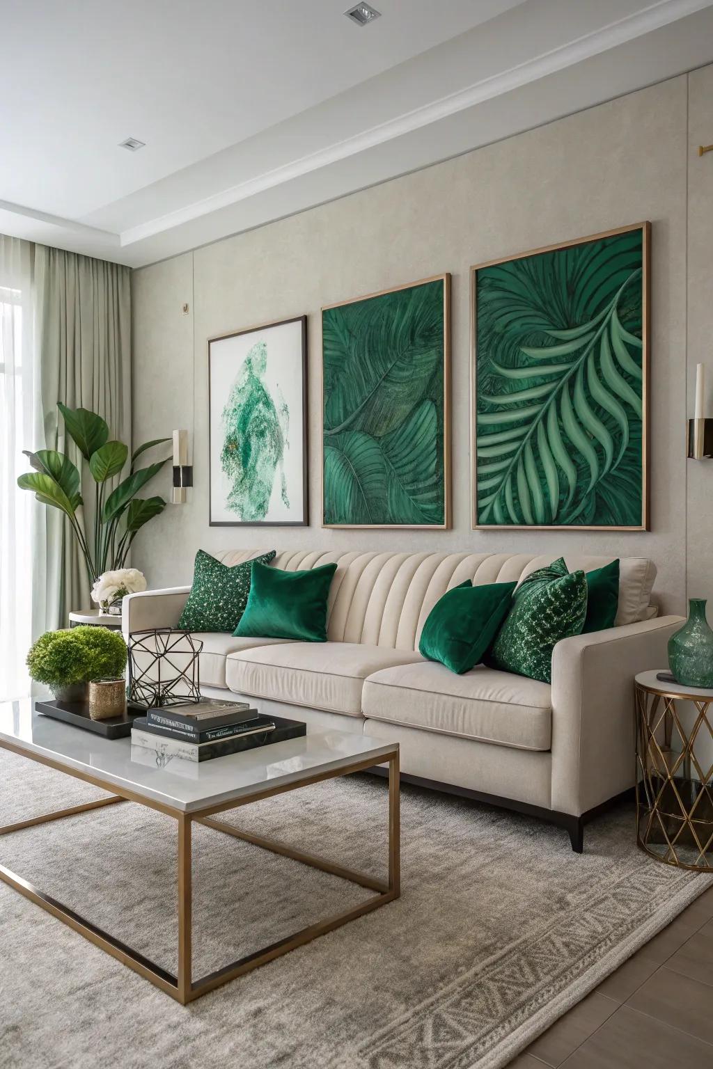 Vivid artwork bits enhance the forest green theme.
