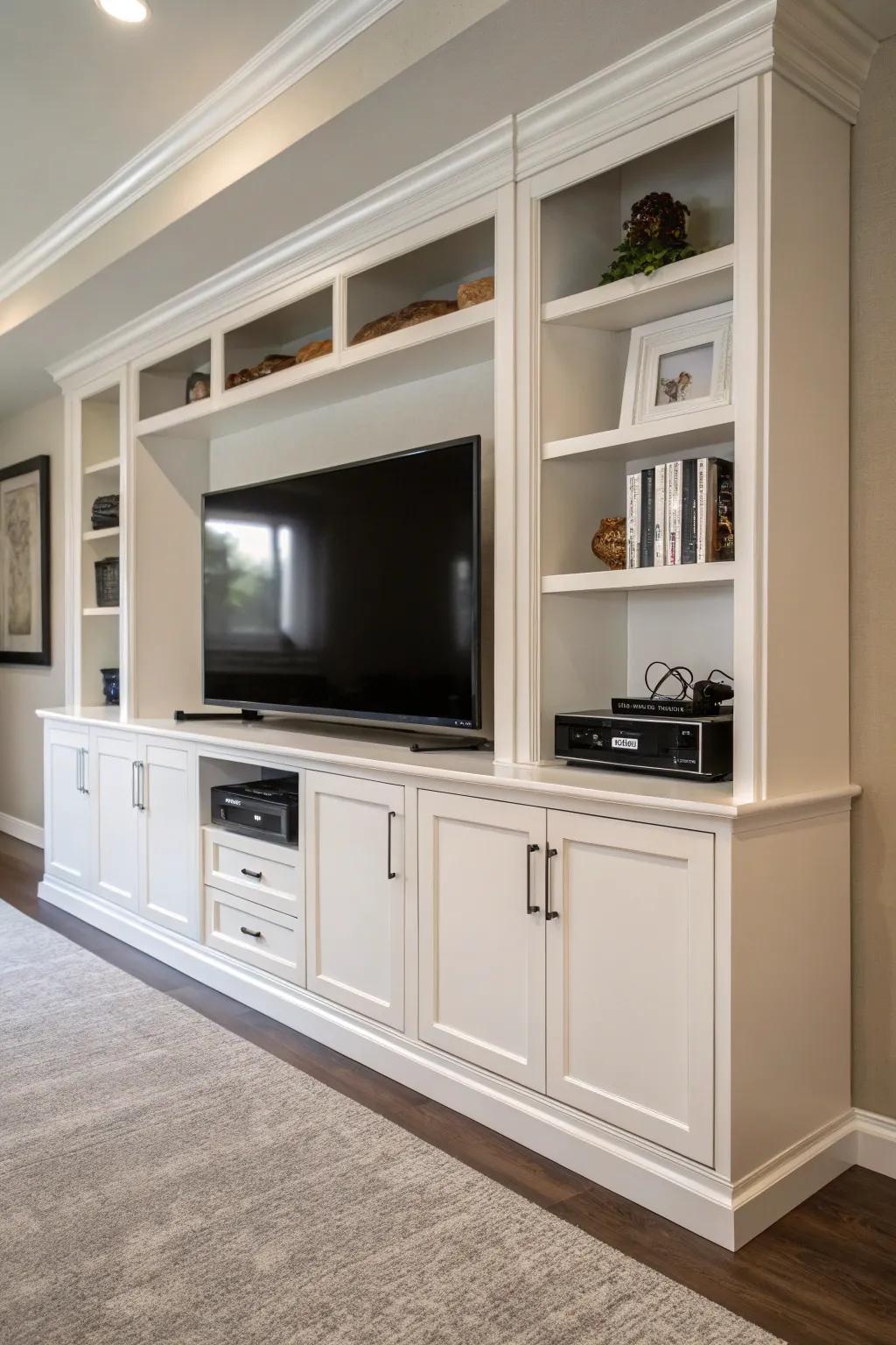 This entertainment center is optimized with clever storage solutions, including built-in cabinets.