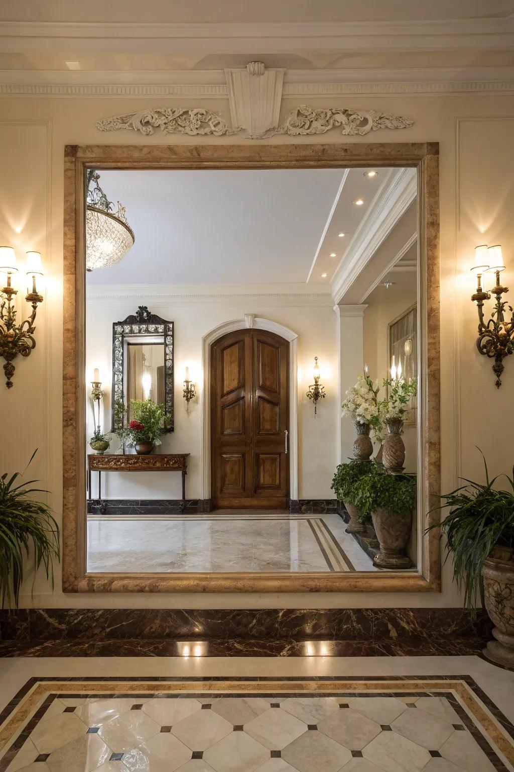 Wall lights impart understated elegance to this entrance.