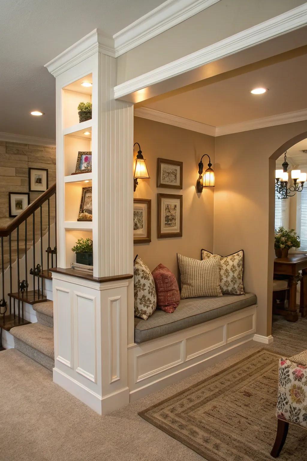 A half wall used as a partition to create a cozy entryway nook.