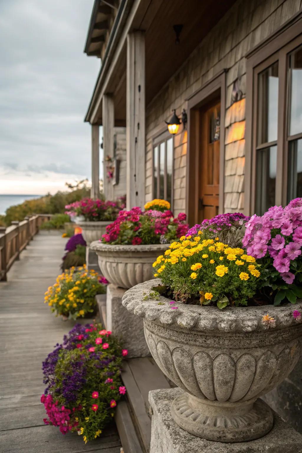 Lively flowers in stone containers injecting life and color into this inviting porch.