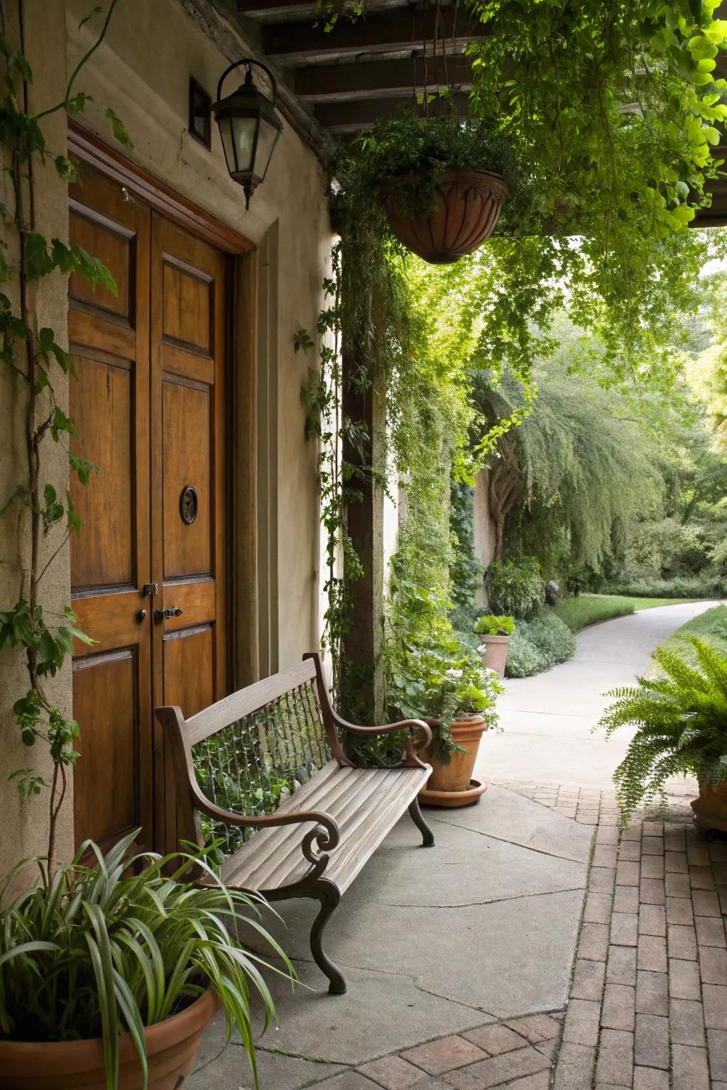 Potted plants and trailing vines enrich this entryway bench arrangement.