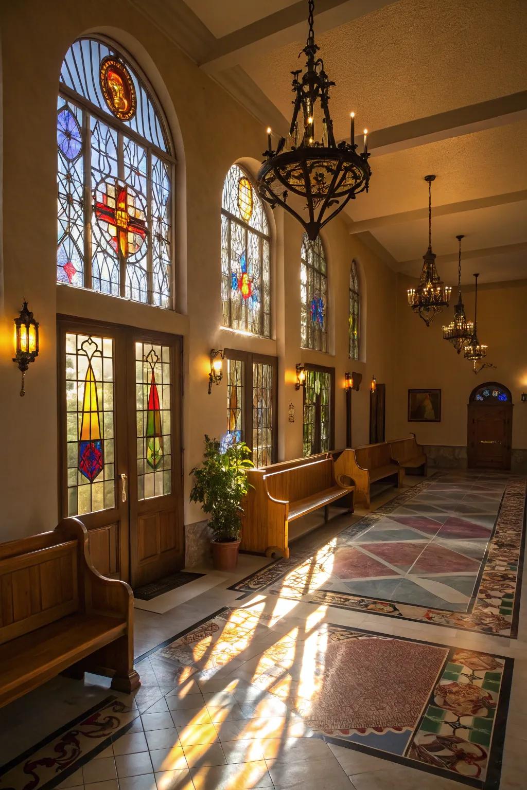 Strategic lighting enriches the serene ambiance of the church foyer.