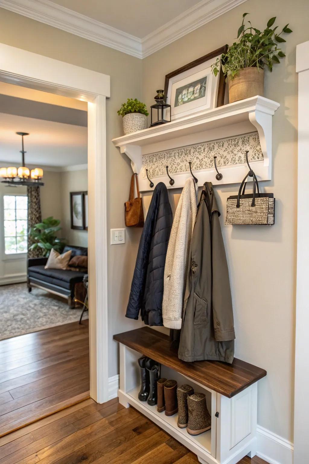 A hook rack provides easy access and keeps essentials organized.