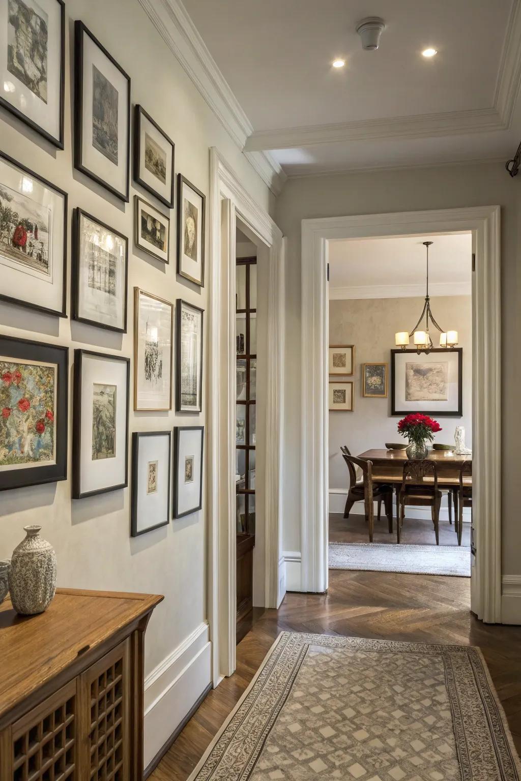A picture wall gives the space personal charm.