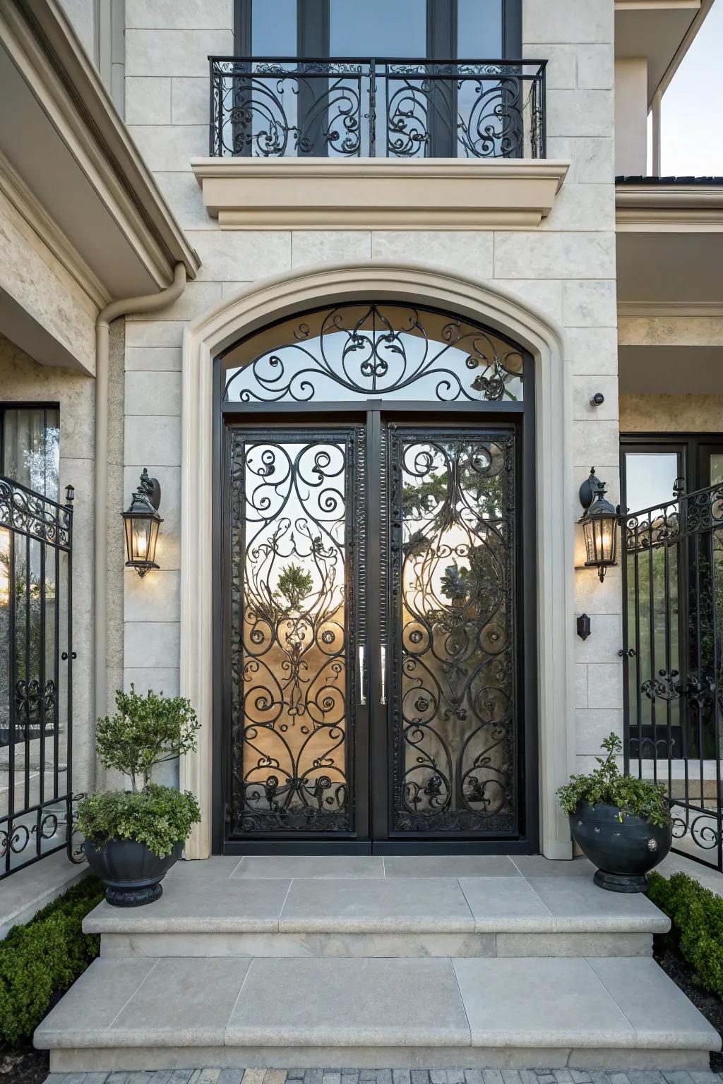 An industrial metal door with complex designs.