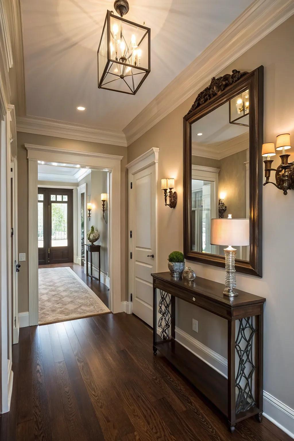 Wall torchieres tastefully frame a looking-glass, bestowing sophistication to the doorway.