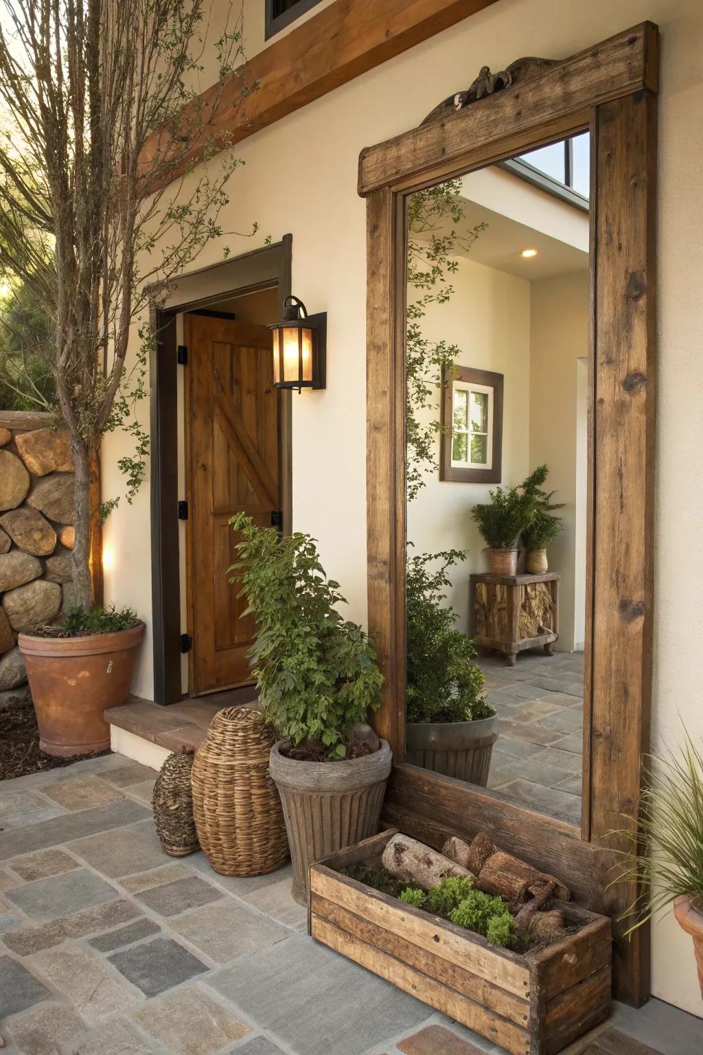 Country warmth comes alive with a repurposed wood-trimmed mirror in the entryway.