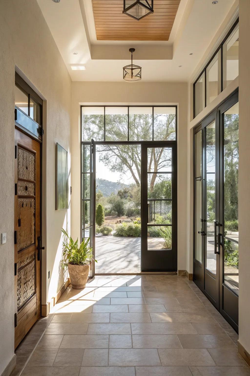 An entryway featuring glass doors, enabling natural light to craft a contemporary and airy atmosphere.