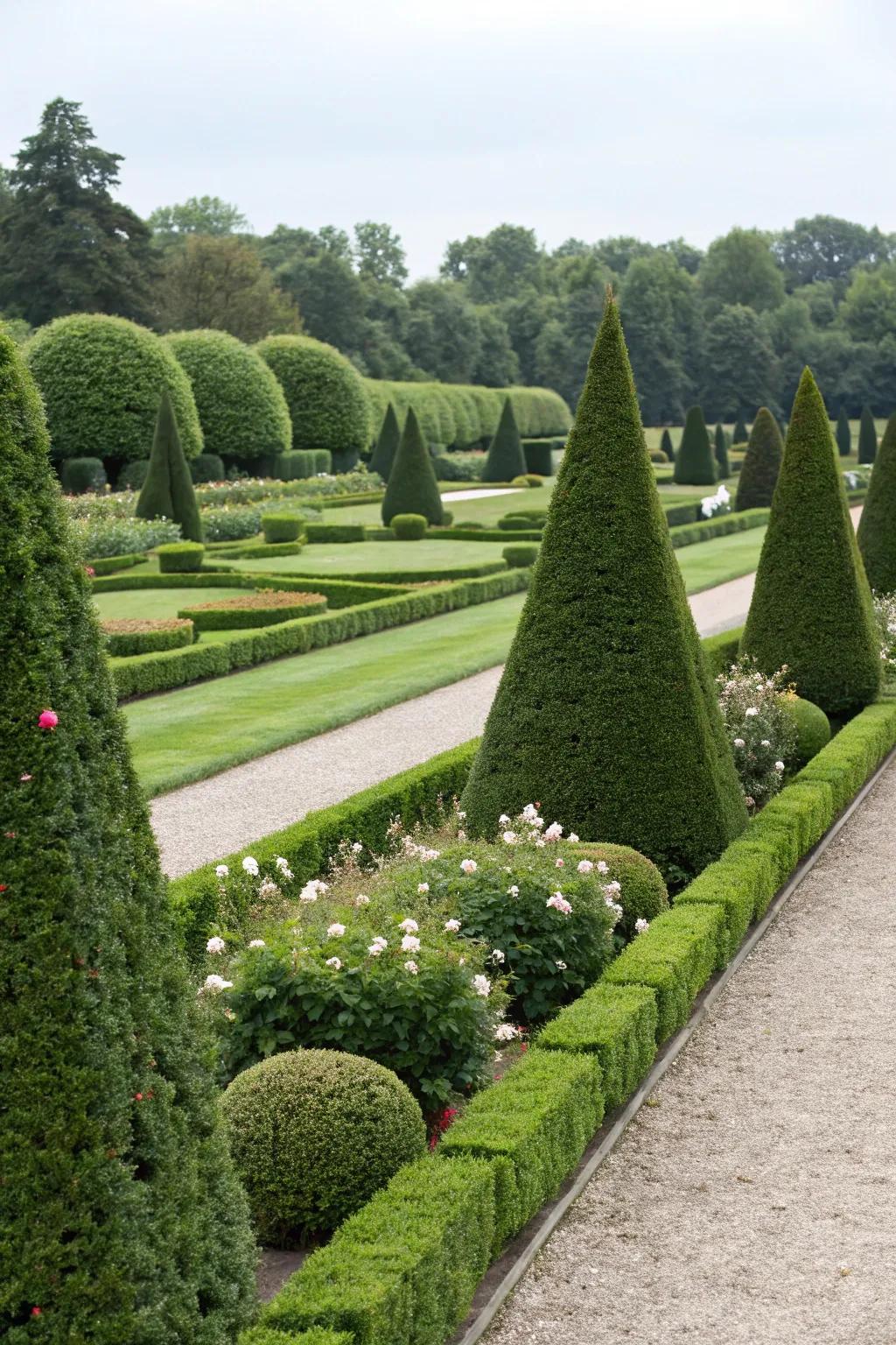 A polished garden by using symmetric hedging and topiary designs.