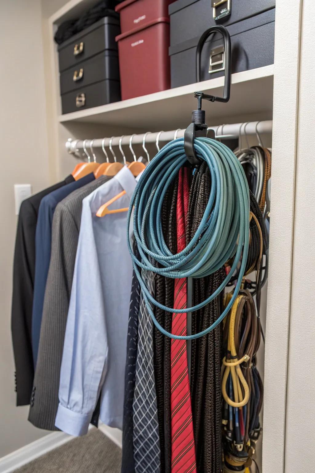 Repurpose a scarf rack for organized and tangle-free cord storage.