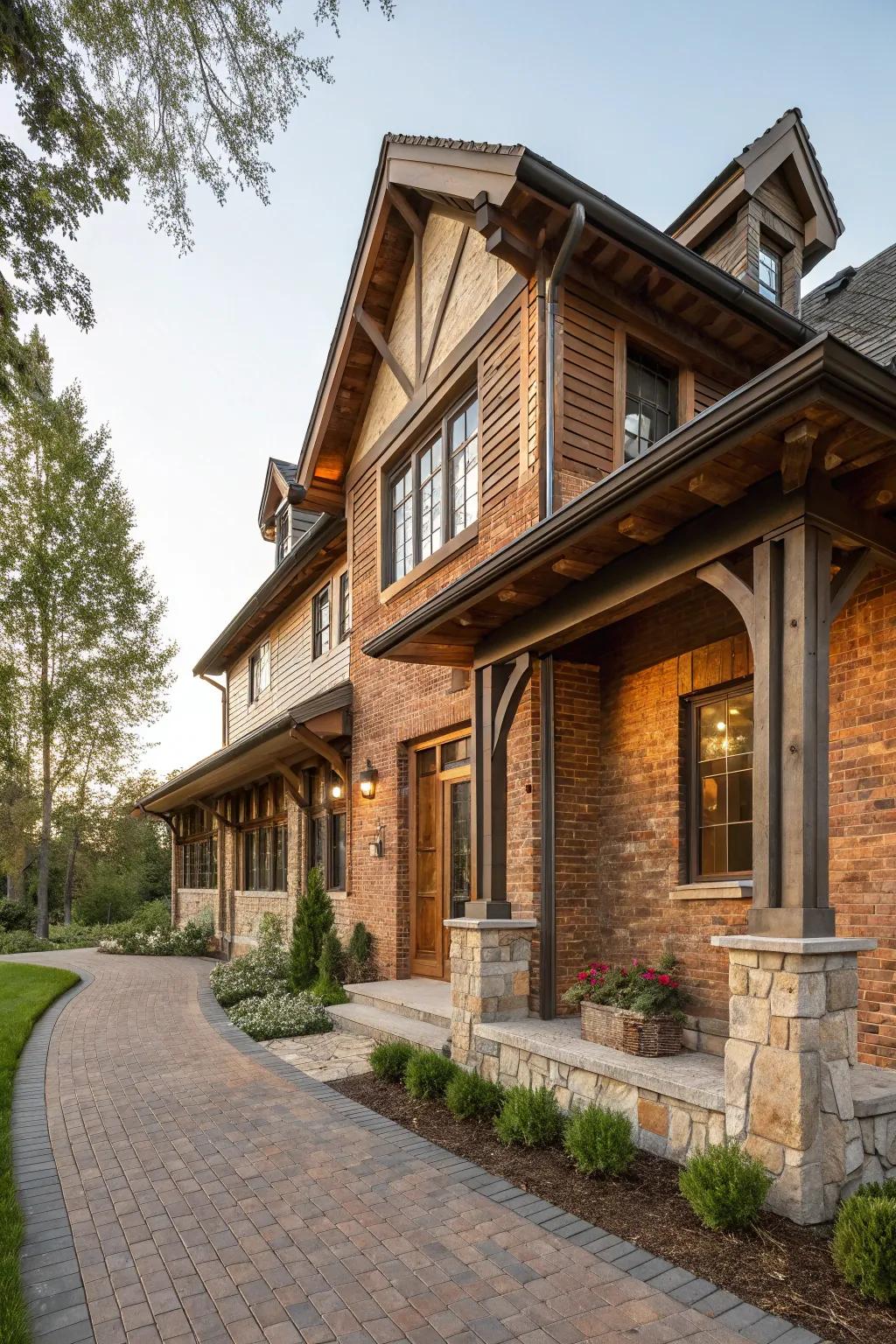 Mixing materials like wood and stone with brick creates a dynamic look.