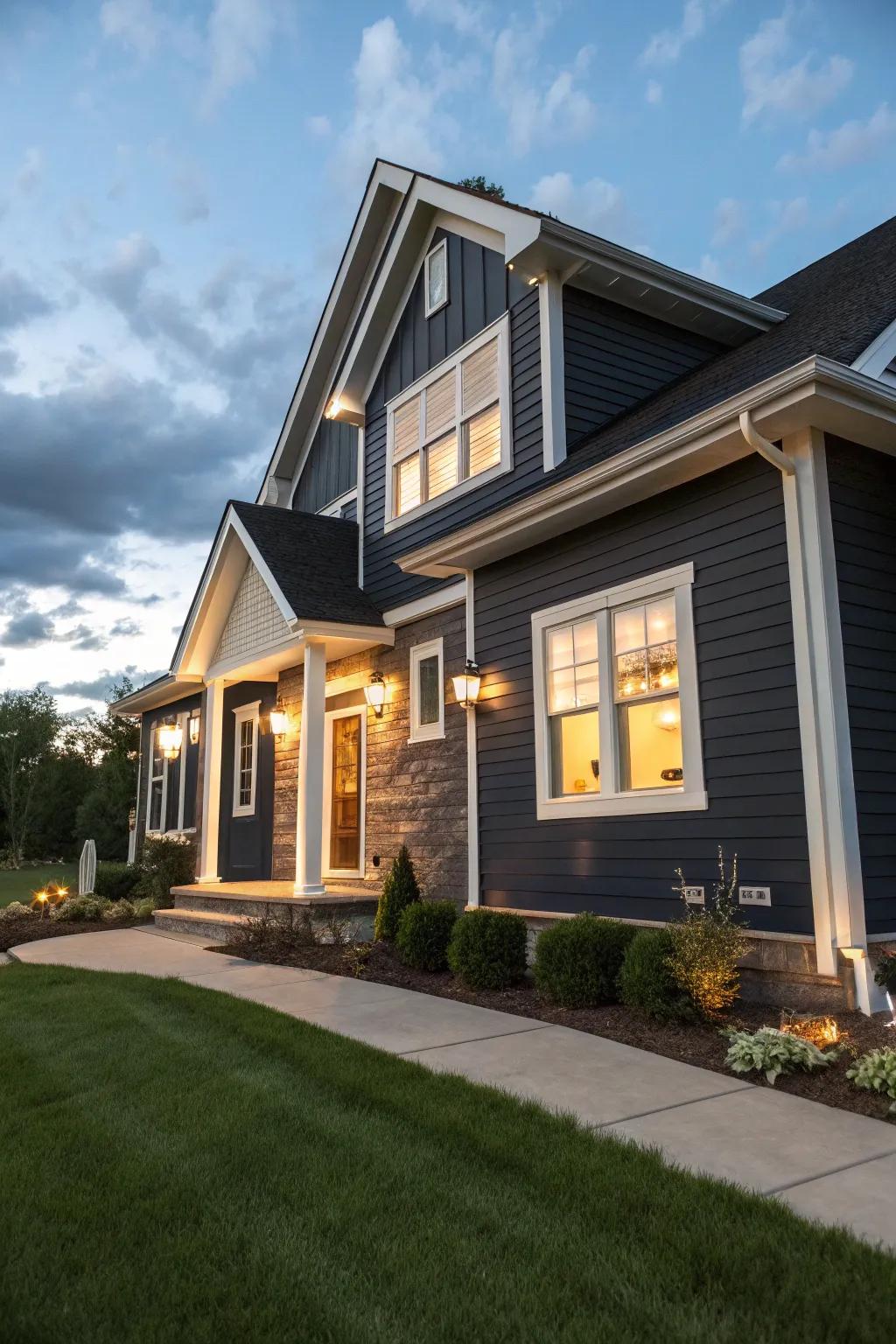 Contrasting cladding and trim creating a dynamic exterior.